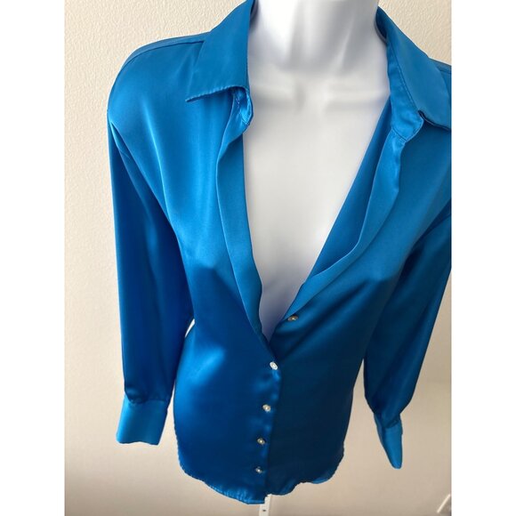 Zara Button Down Blouse Size XSmall Cobalt Blue Satin Corporate Core Polished - Picture 12 of 16